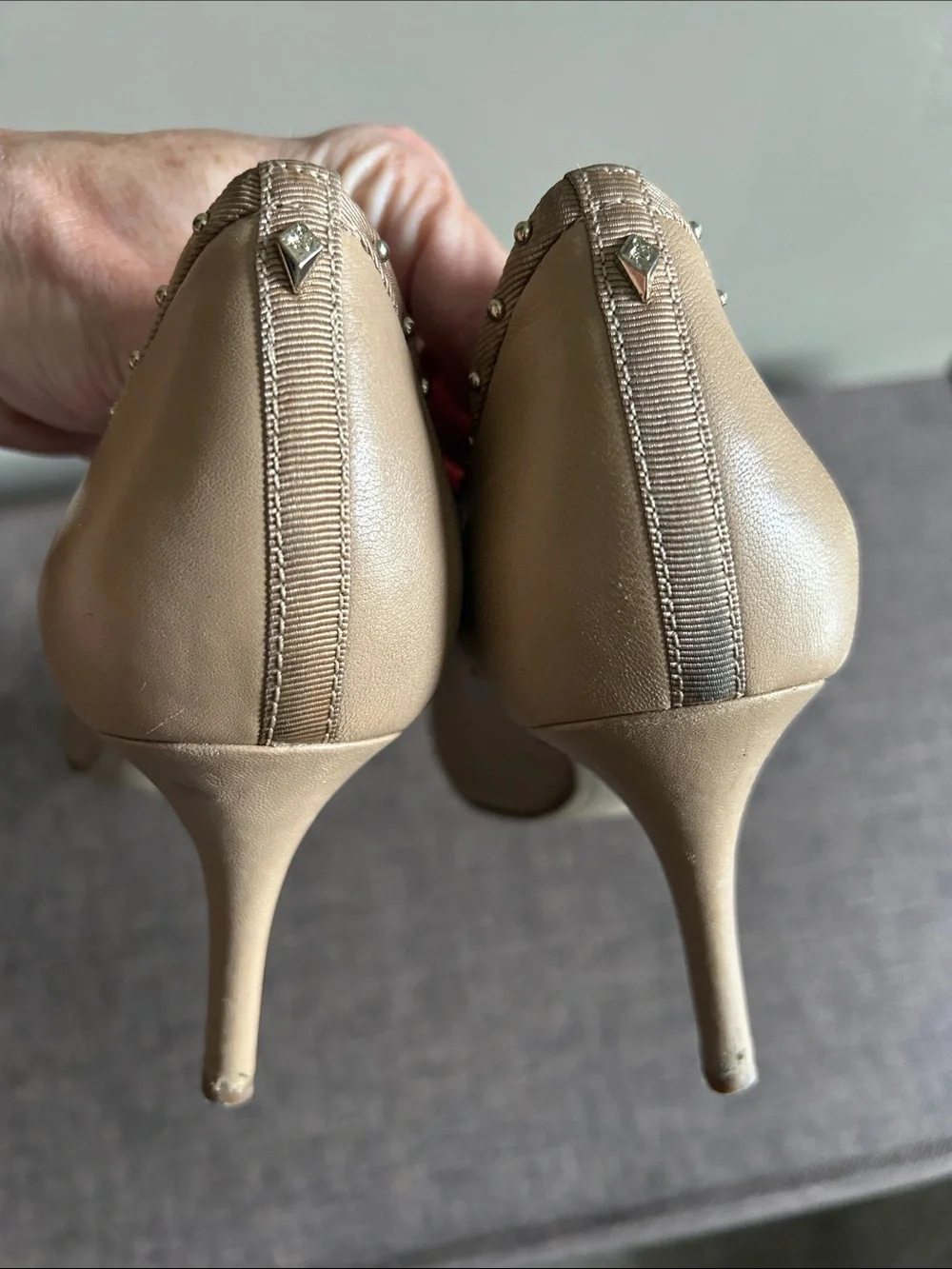 Sam Edelman Beige Pointed Leather Stud Heels